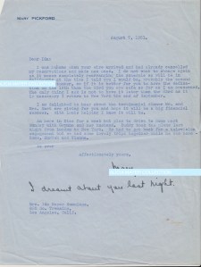 Mary Pickford letter I dreamt about you last night Aug 7 1951 JHA watermark