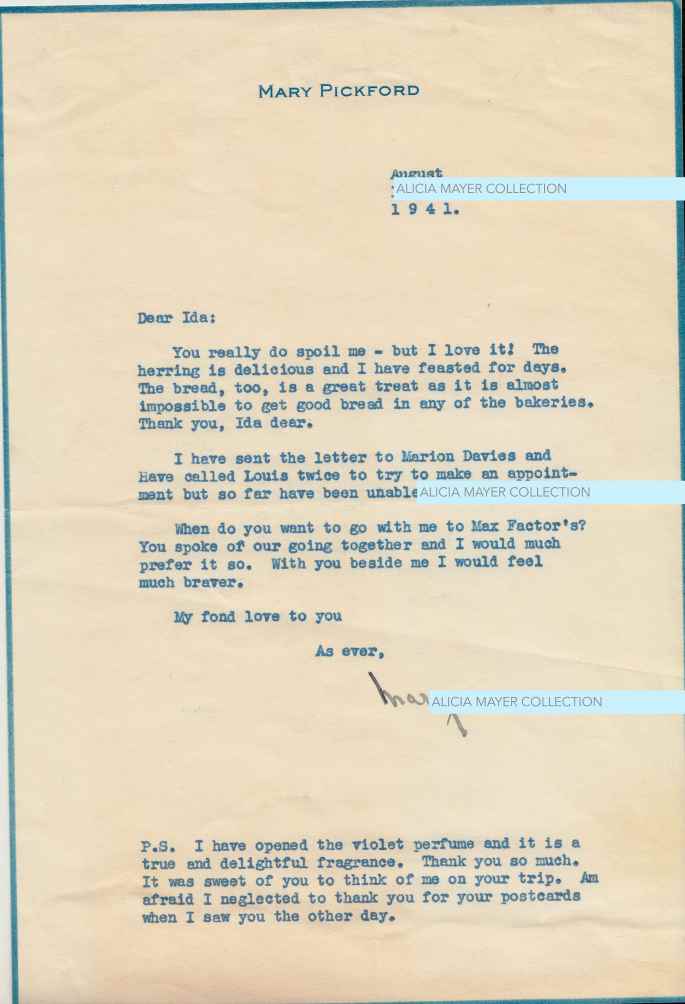letter from Mary Pickford to Ida Mayer Cumings