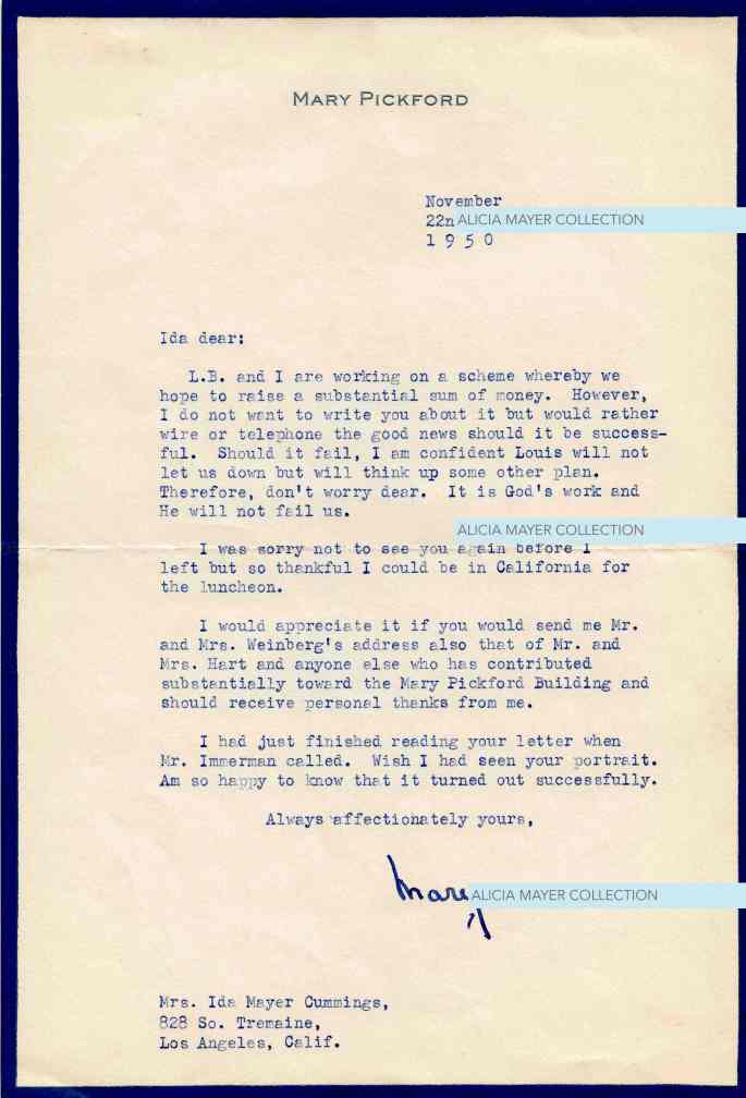 Mary Pickford letter re Louis B Mayer scheme Nov 22 1950 JHA watermark